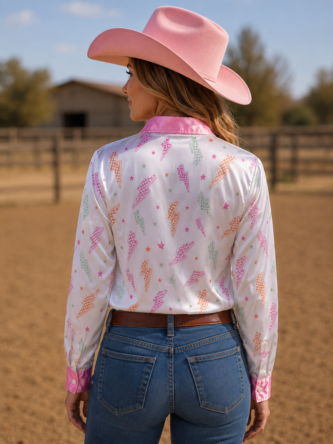 Plaid Lightning Satin Button Up Rodeo Shirt Blouse