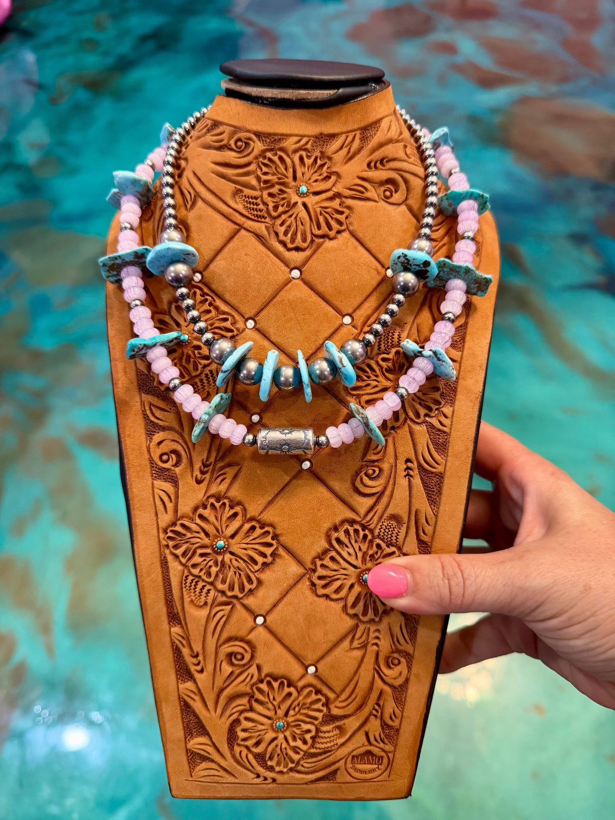 Jaci Stack – Blue Turquoise & Pink Glass Bead Necklaces