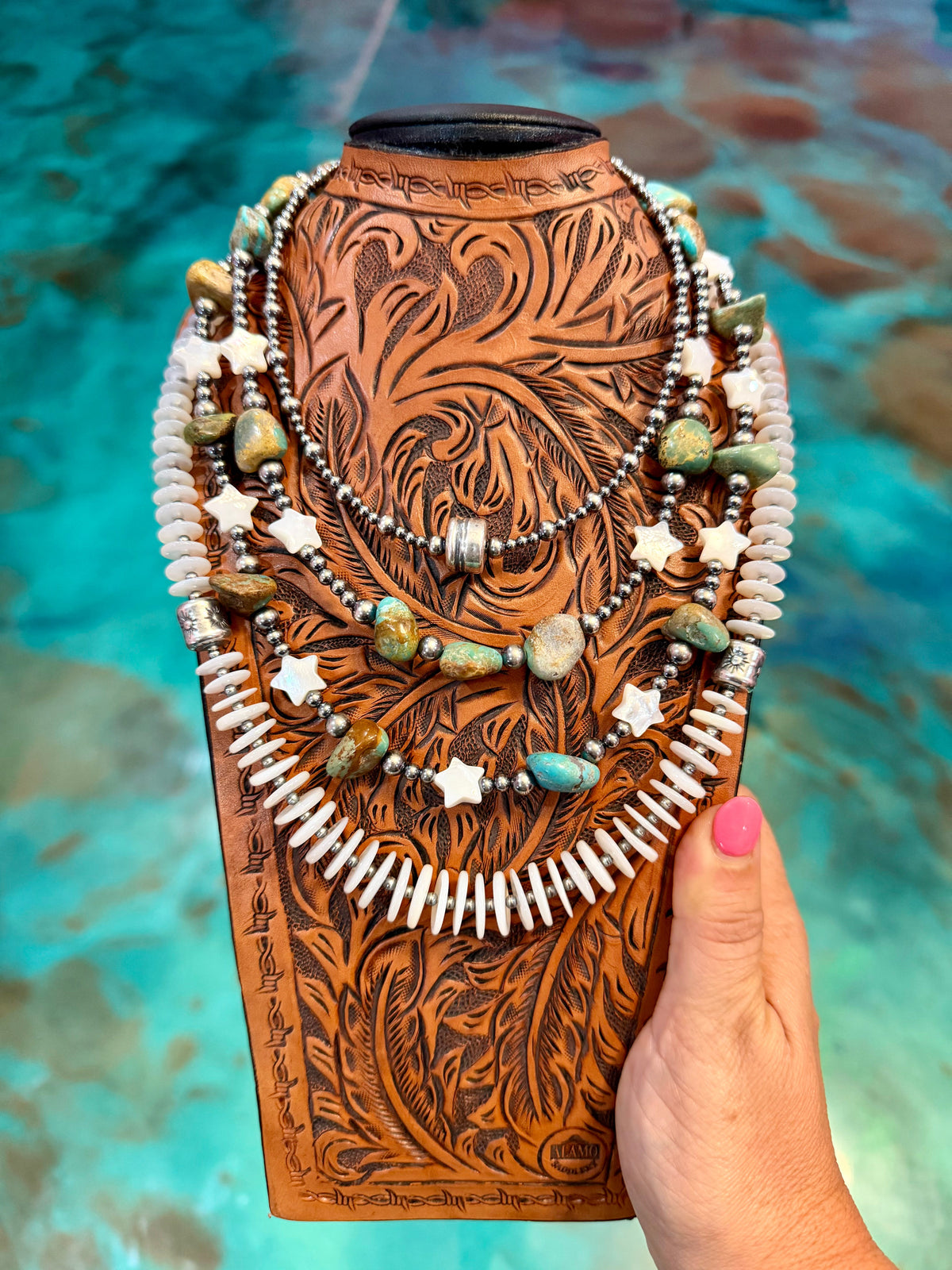 Jaci Stack – White Shell Stars, Turquoise & Sterling Silver Necklaces