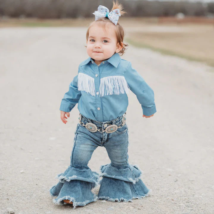 Shea Baby Denim Fringe Pearl Snap Onesie