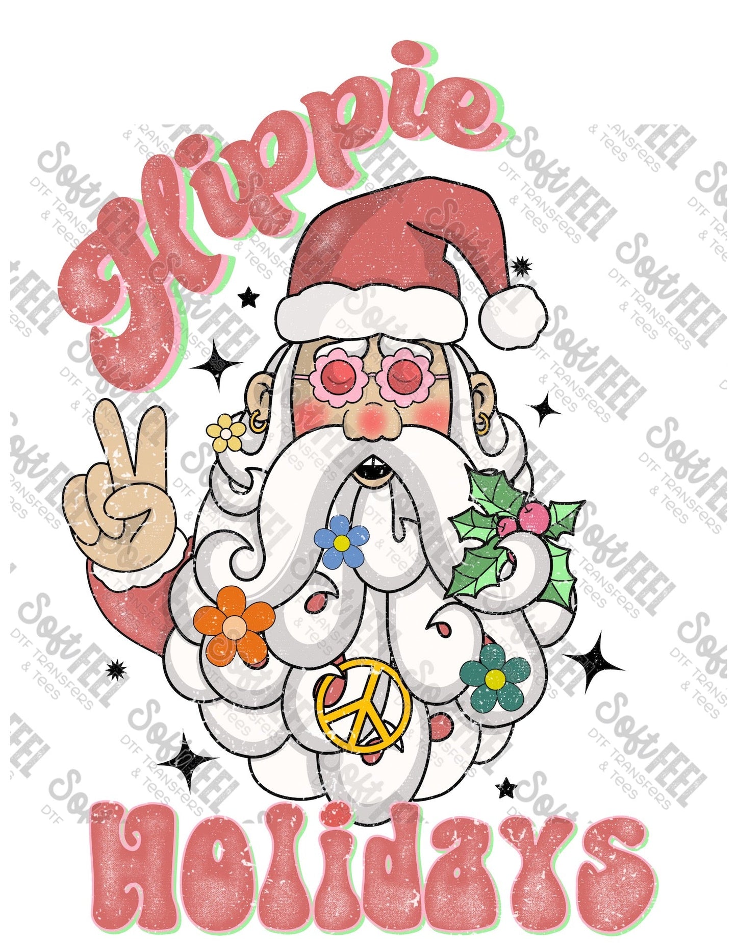 Hippie Holidays Distressed - Christmas / Retro / Women's / Hippie Gypsy - Direct To Film Transfer / DTF - Heat Press Clothing Transfer