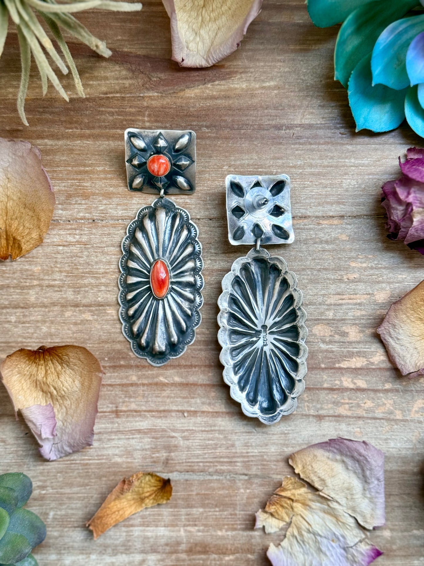 Sterling Silver Orange Spiny Oyster Dangle Earrings – Handmade by Navajo Artist Rita Lee