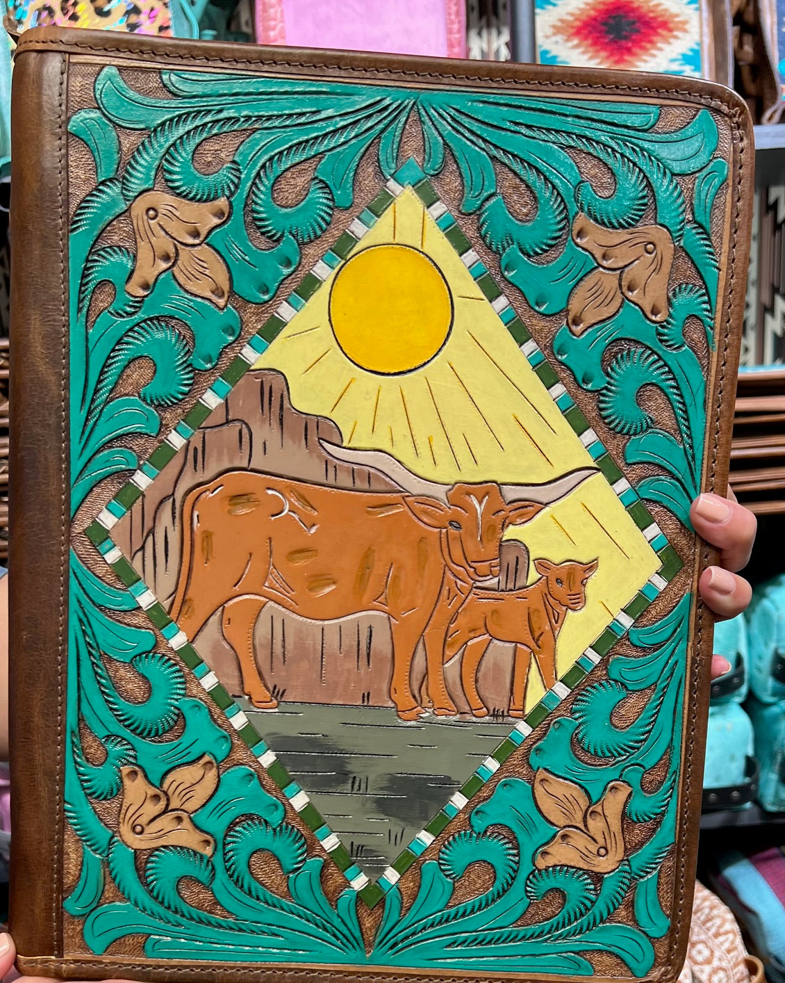 Leather Hand Tooled Western Portfolio with Zipper Close