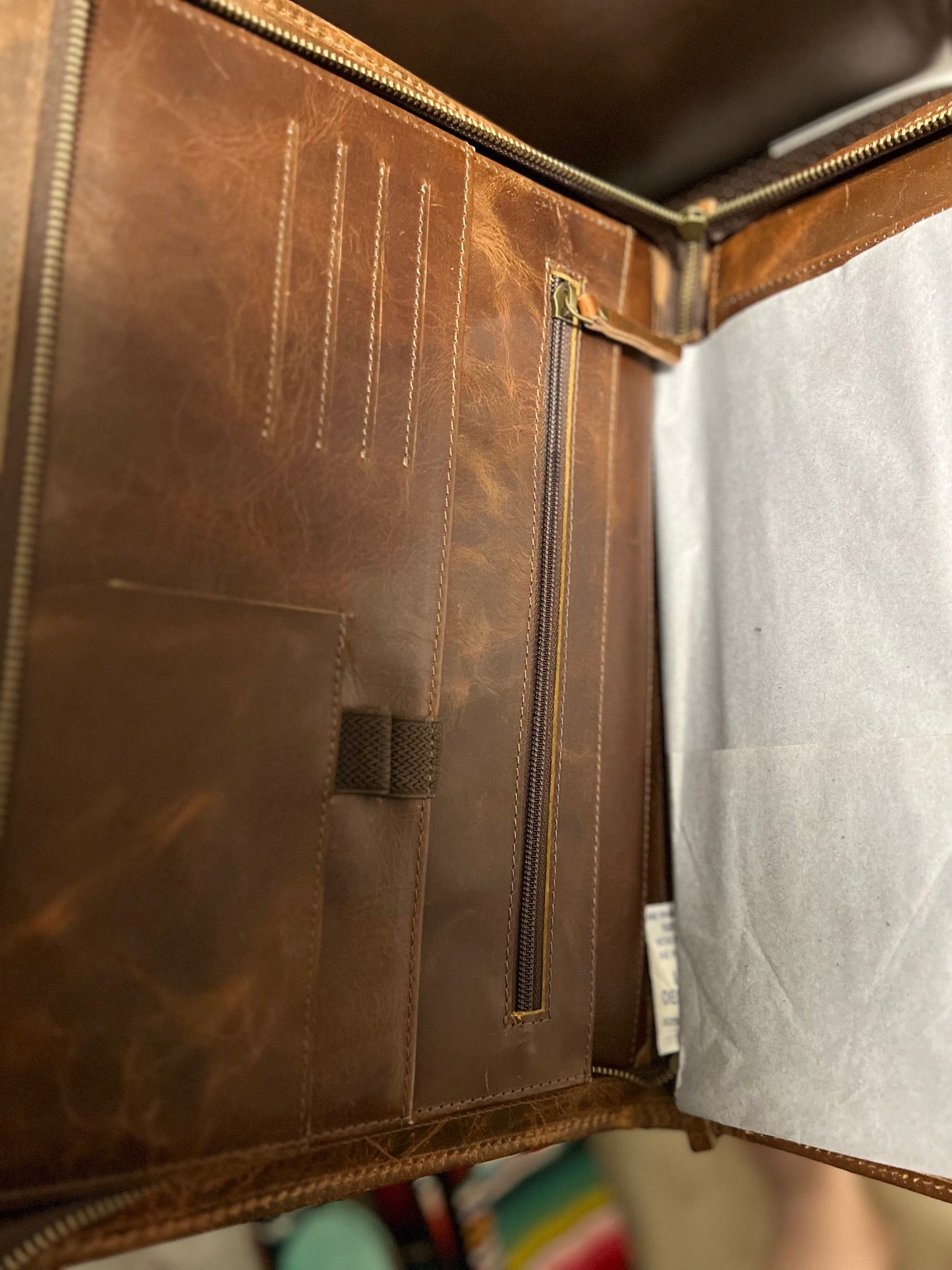 Leather Hand Tooled Western Portfolio with Zipper Close