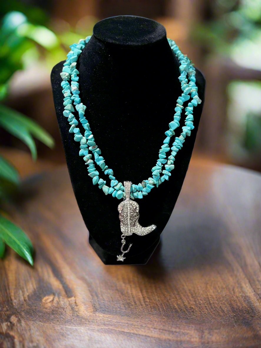 Faux Turquoise Chunky Necklace with Glitz Cowboy Boot Pendant