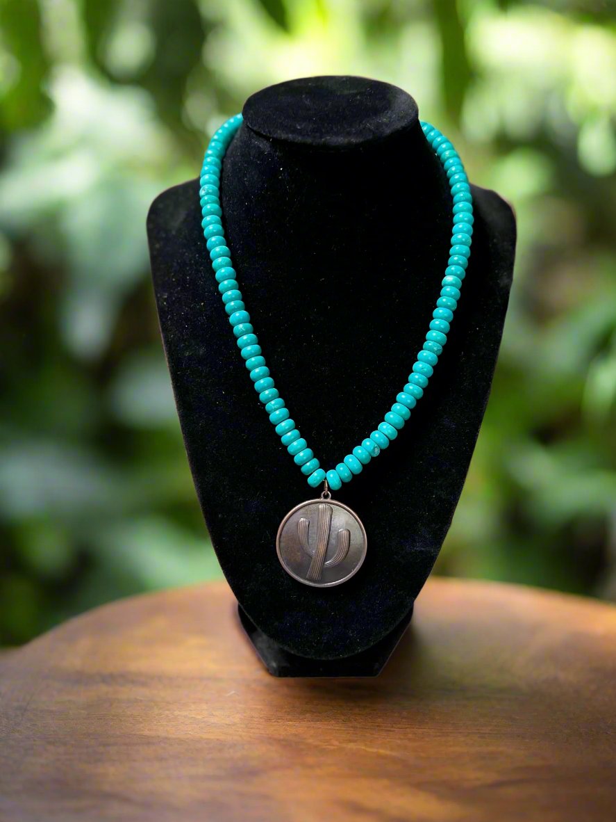 Turquoise Bead with Cactus Pendant Necklace