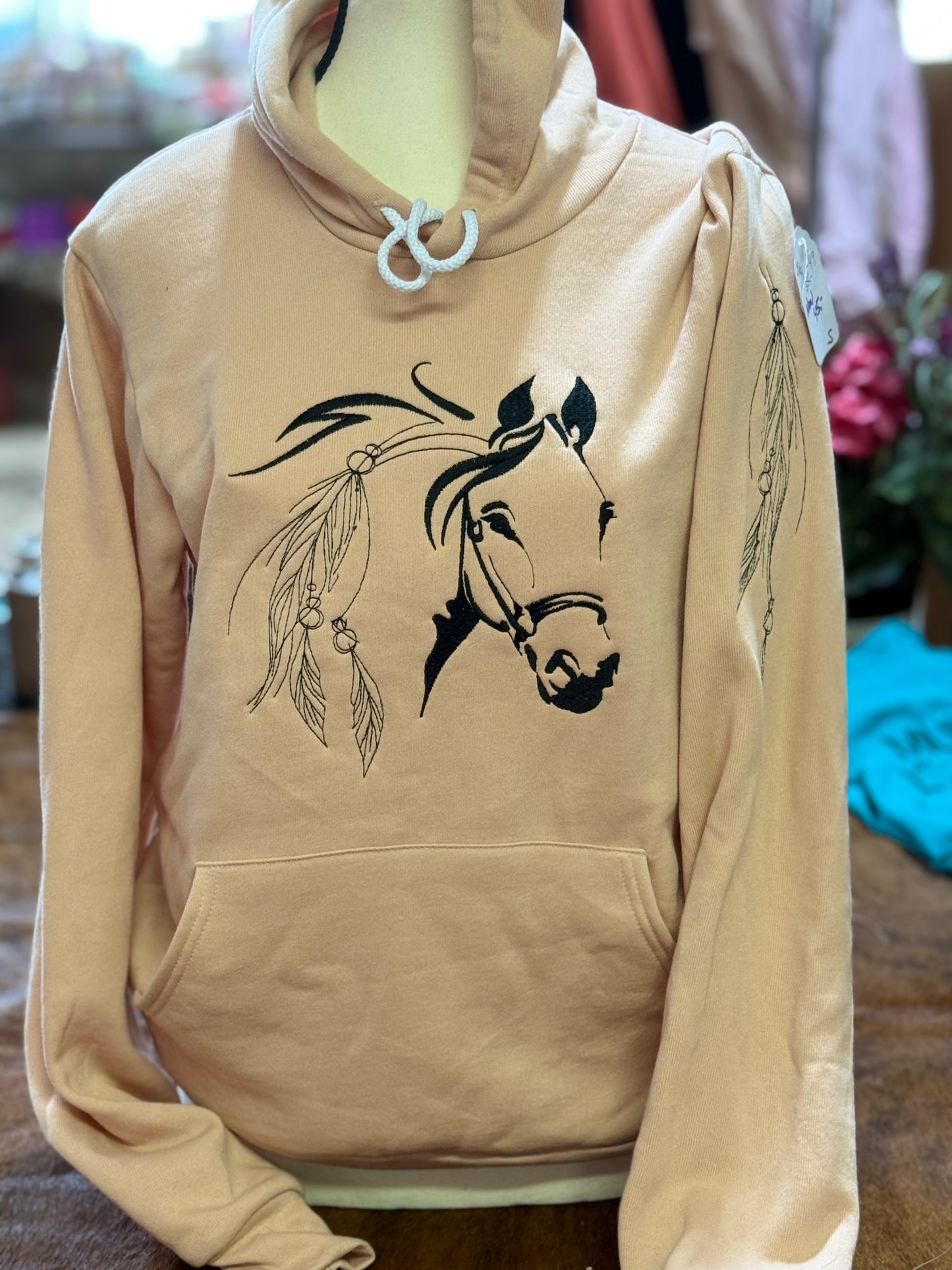 Barn Star Swag Embrodiered "Luna" Arm Feather Peach Hoodie