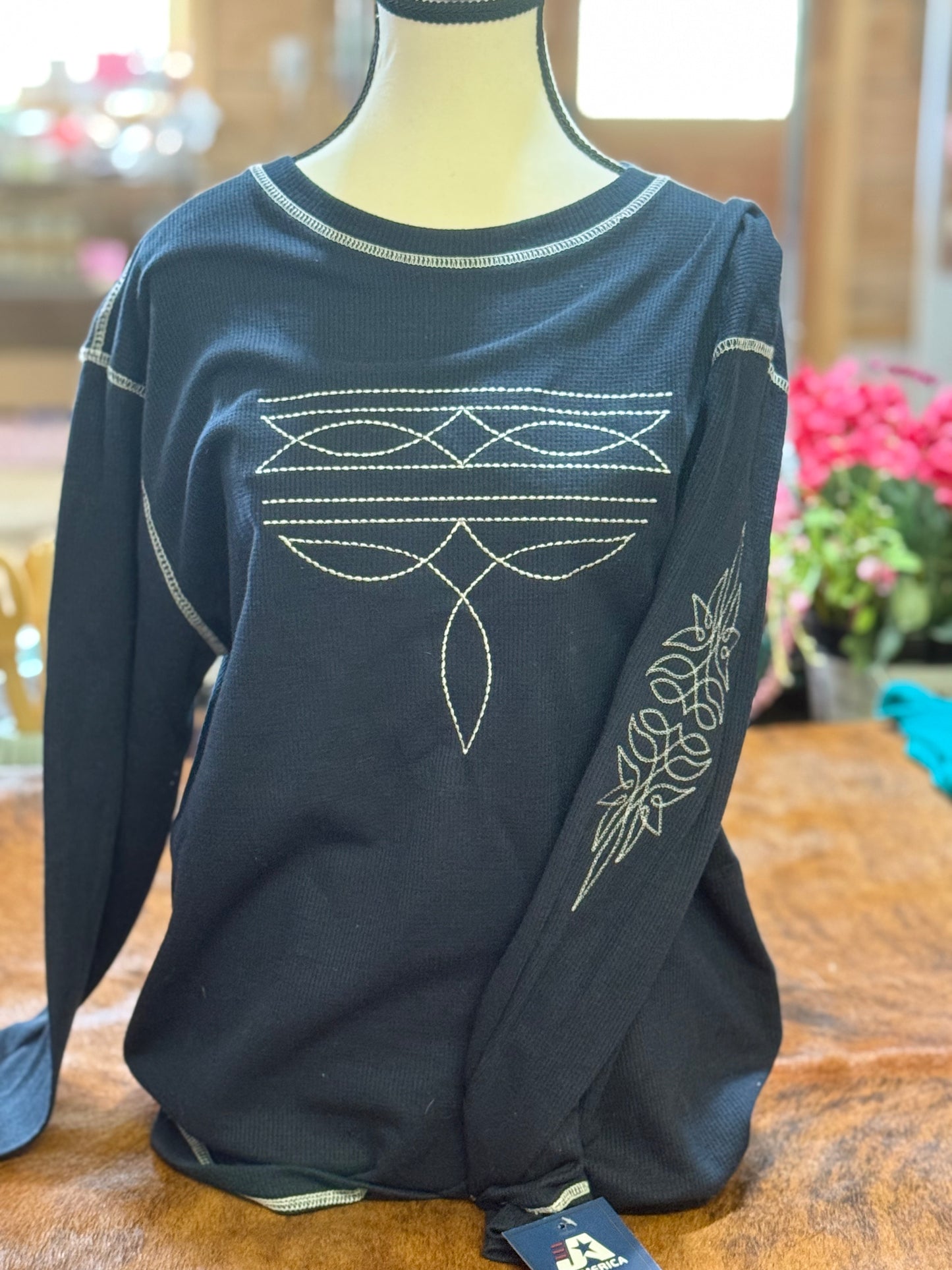 Barn Star Swag Embroidered Boot Stitch Thermal Long Sleeve Tee