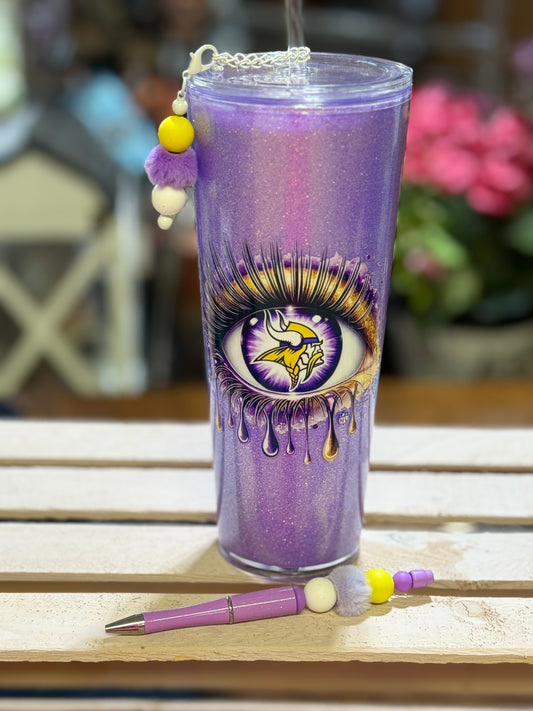 24 oz Vikings Acrylic Glitter Tumbler with Pen and charm