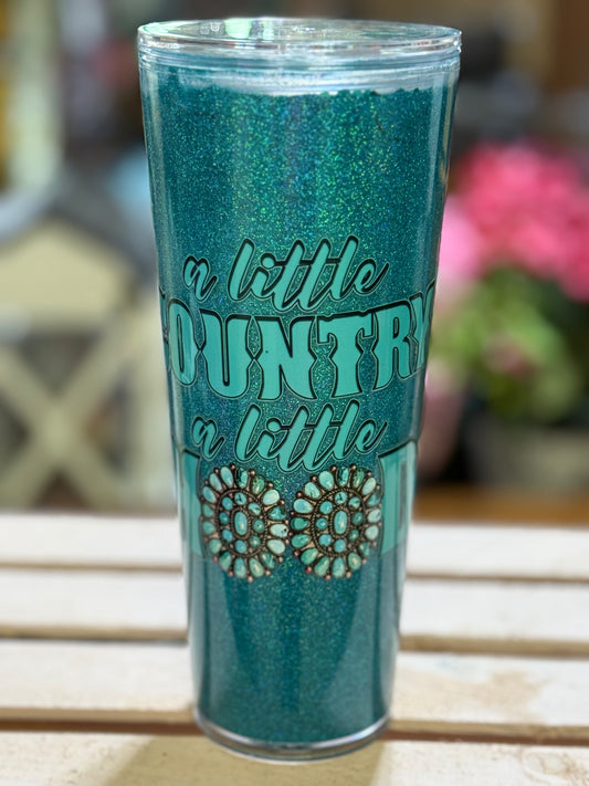 24 Oz A Little Country a Little Hood Turquoise Still Glitter Tumbler (NO MESS NO LEAK)