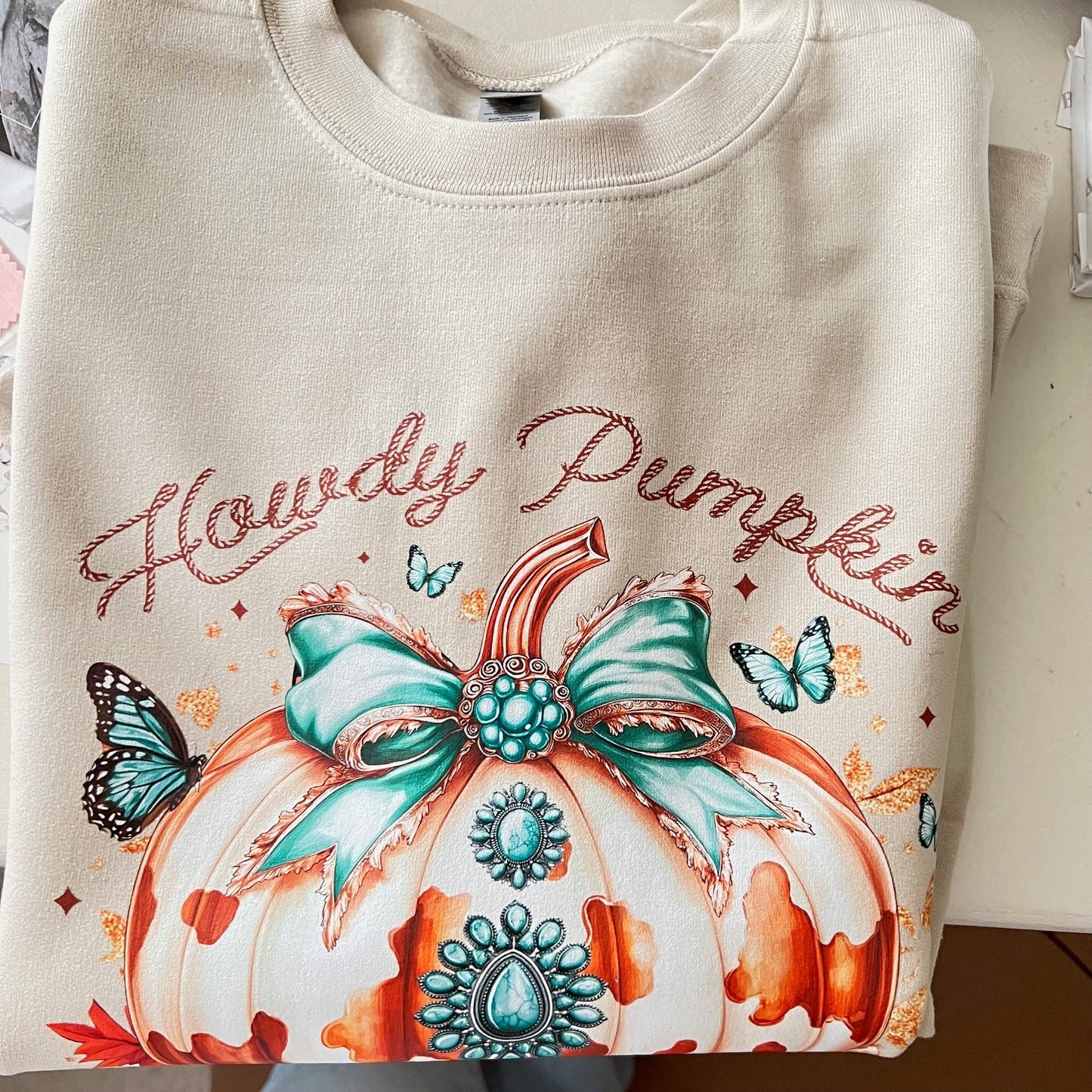 Hello Turquoise & Concho Pumpkin Crew Sweatshirt