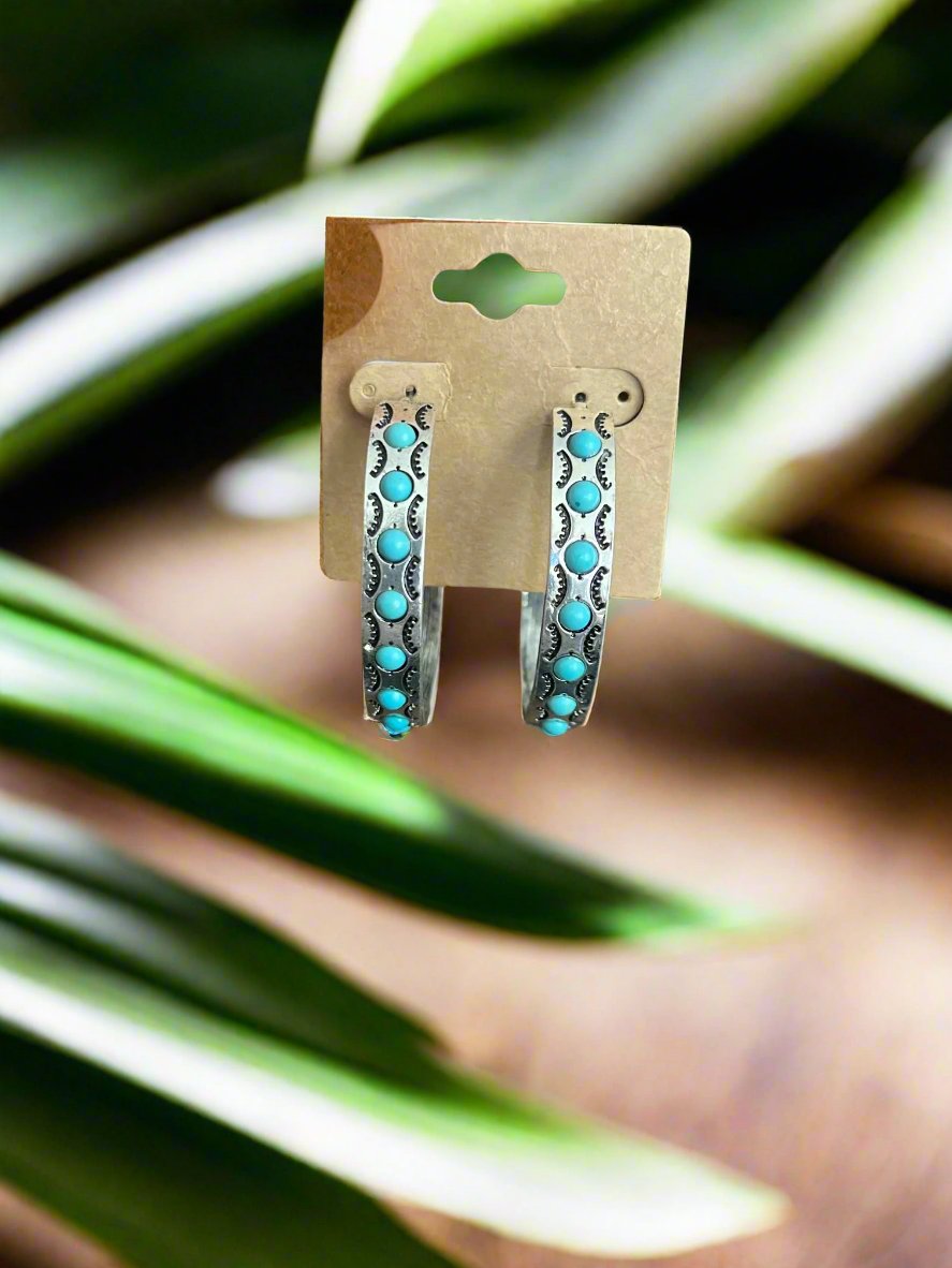 Aztec and Turquoise Large Silver Hoops