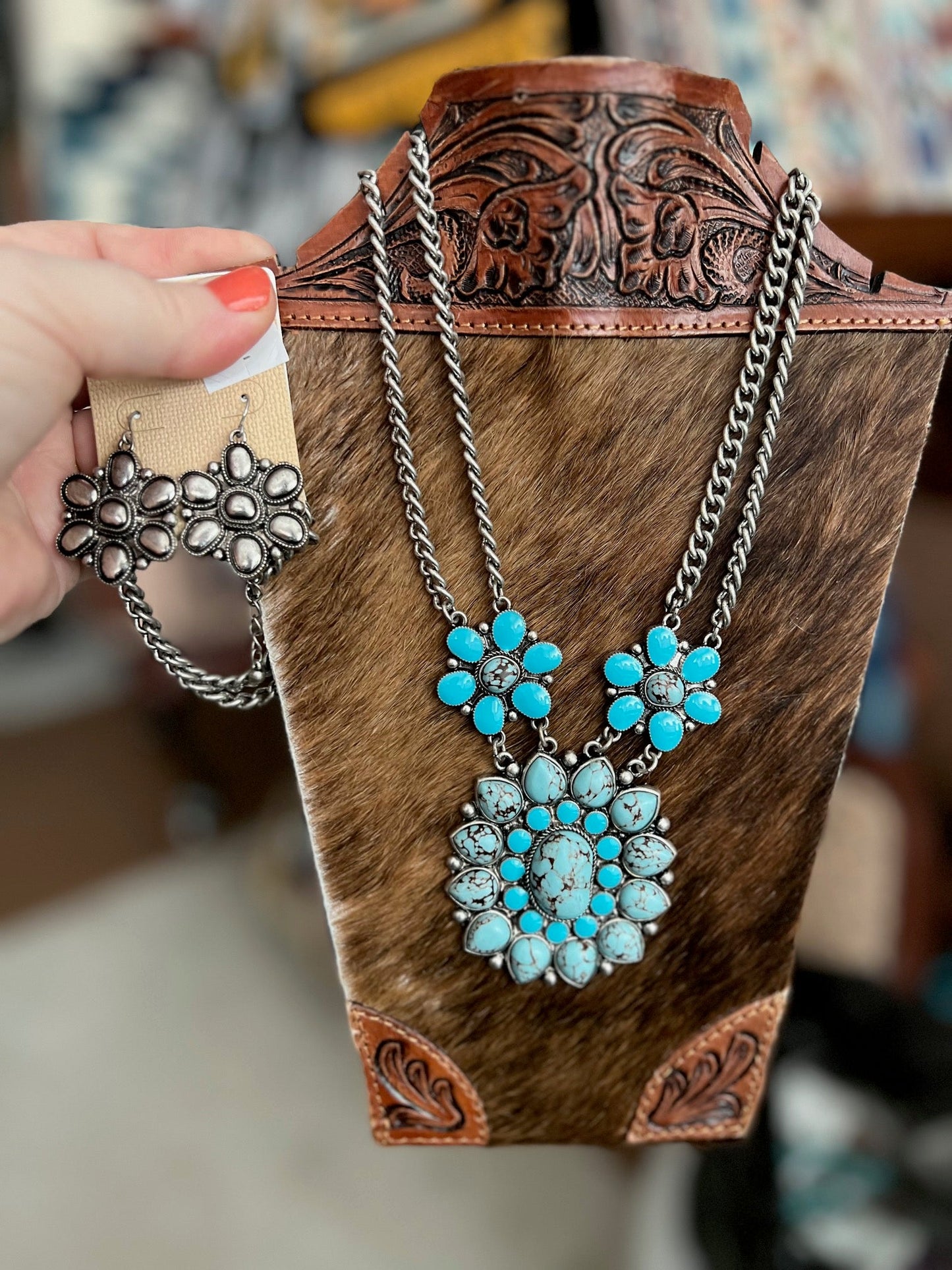 Western Turquoise Concho Necklace with Silver Earrings - Set