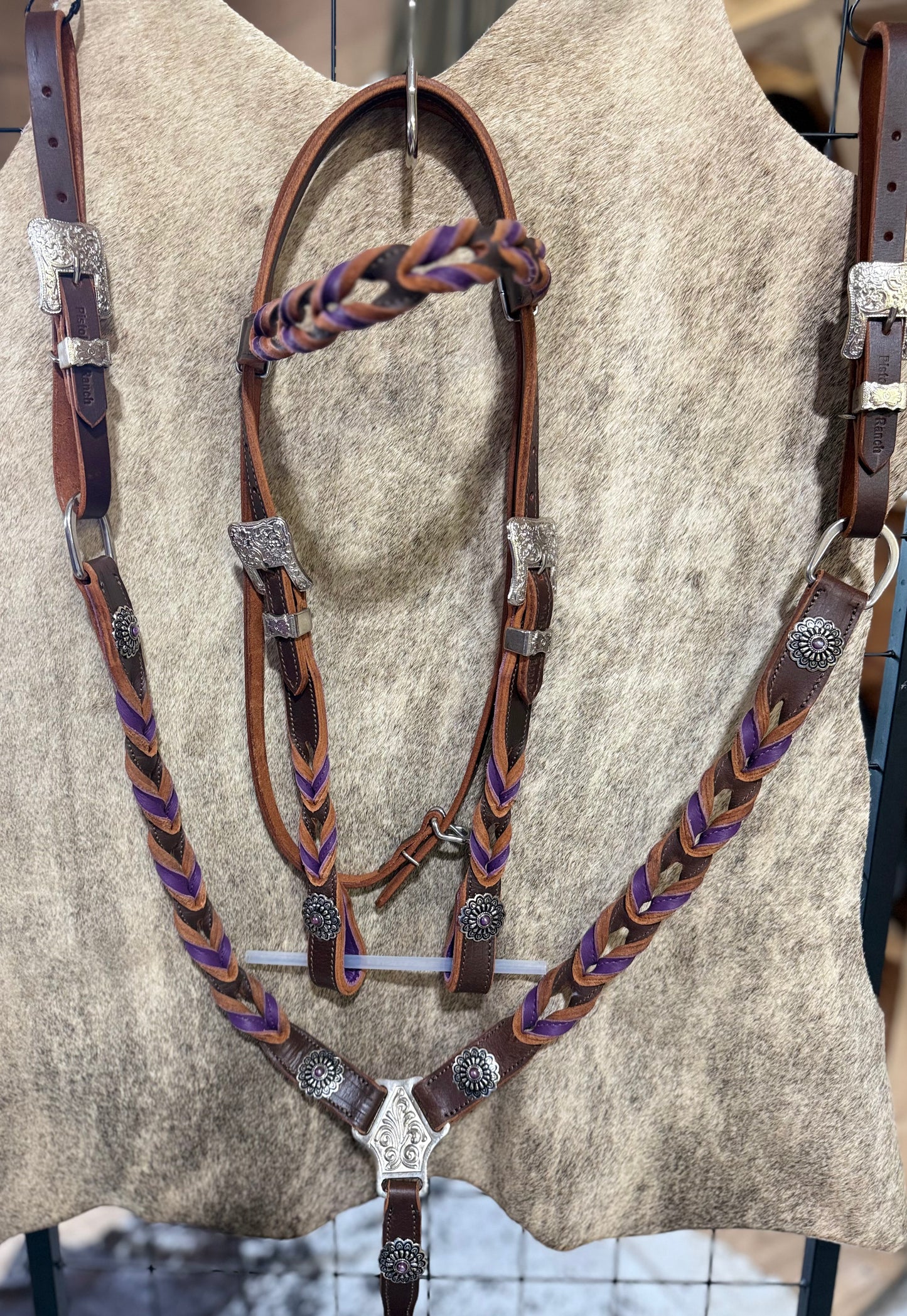 Genuine Leather Twist Brow band headstall and Matchibng Breat Collar Set