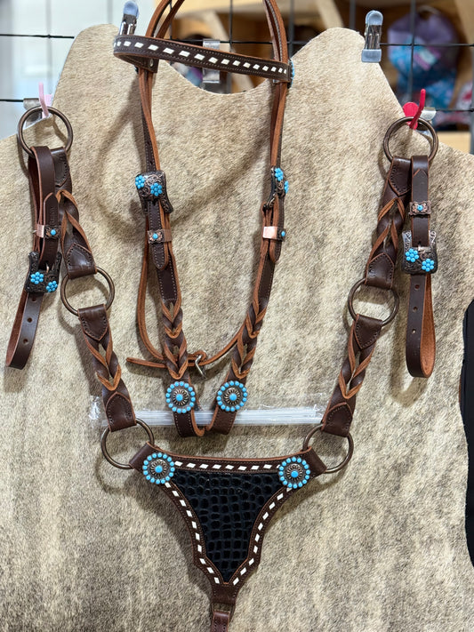 Stunning Genuine Leather Black Gator Gladiator Twist Tack Set