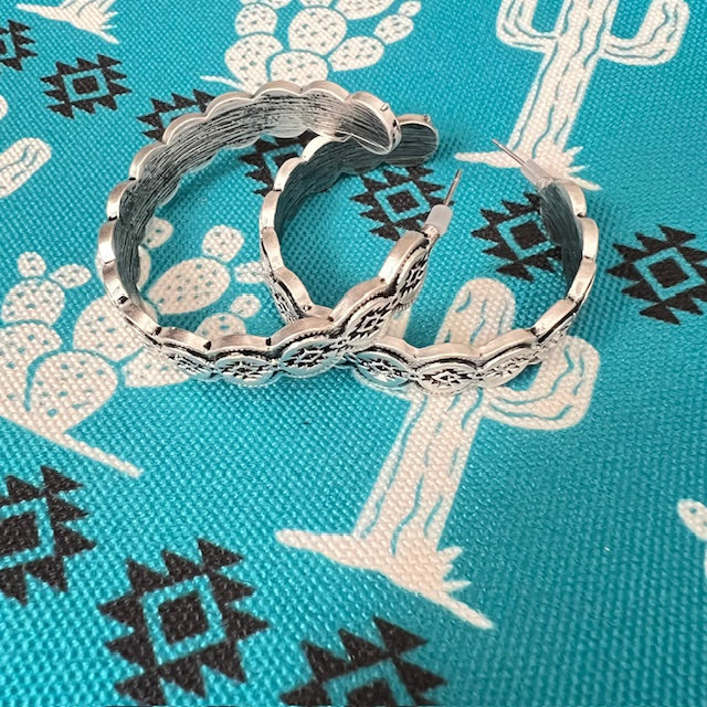 Silver Aztec 2 inch Hoop Earrings