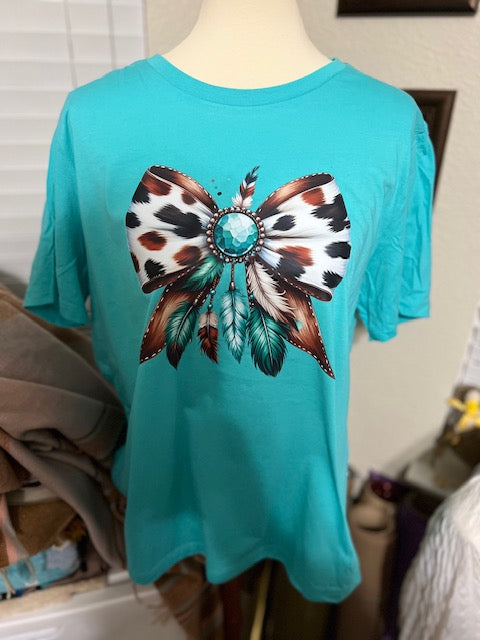 Turquoise and Concho Cow print Feather Bow Short Sleeve T-shirt