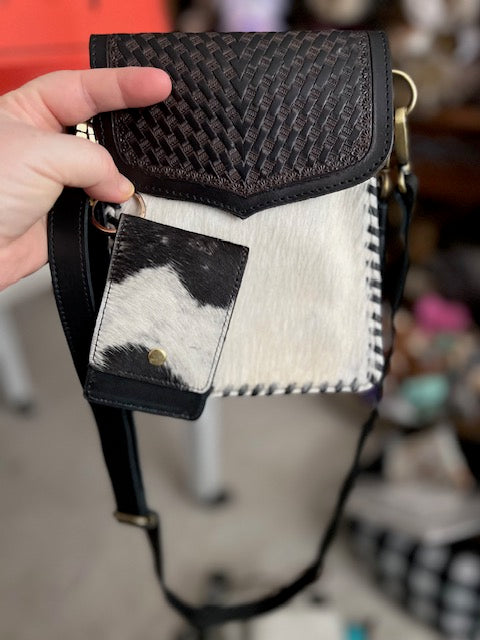 Cowhide and Tooled Leather Leopard Crossbody with Key Chain Wallet
