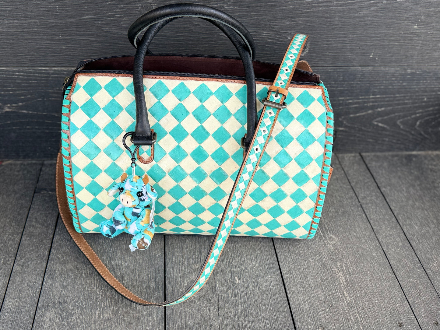 Stunning Genuine Leather Turquoise Checkered Large Speedy Duffle Bag