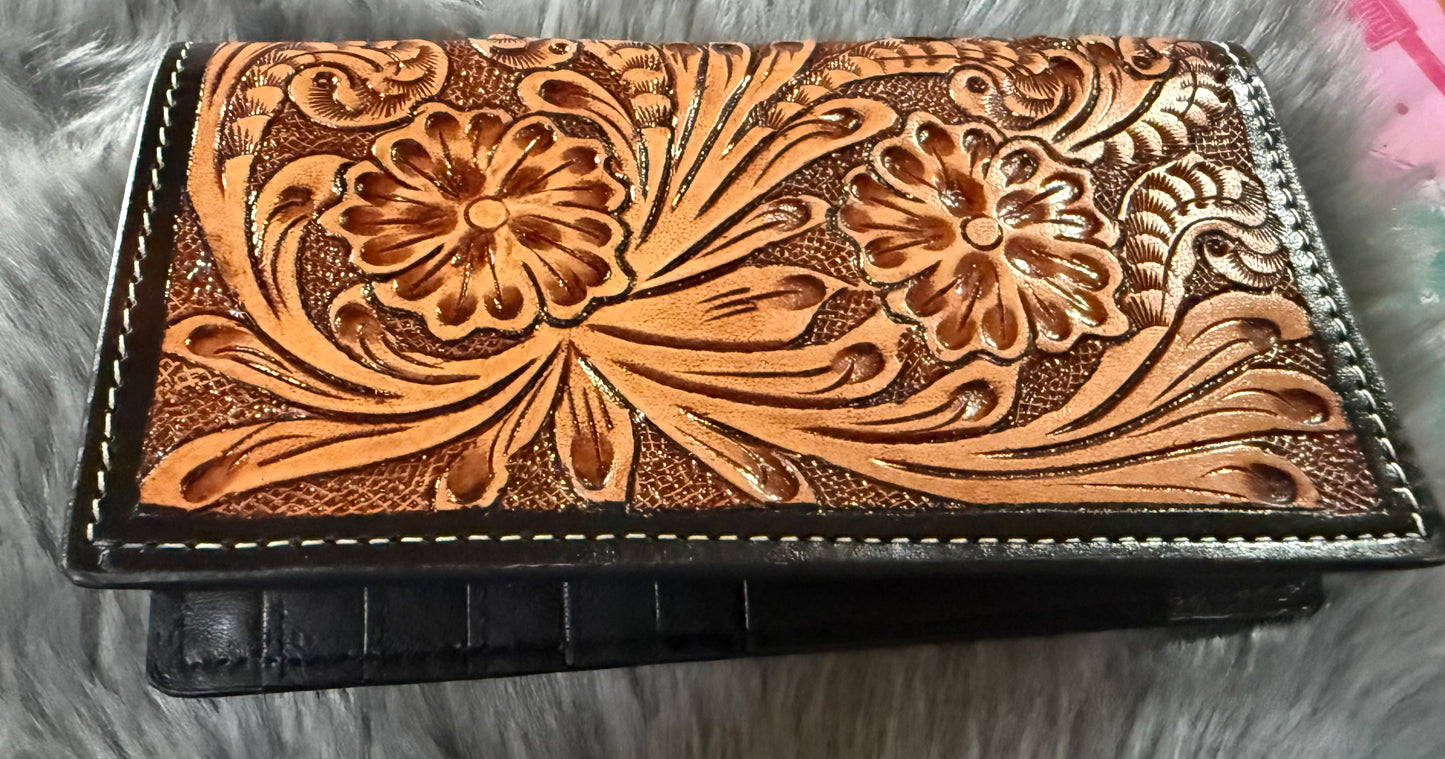 Genuine Tooled leather with hair on hide Check book/Wallet