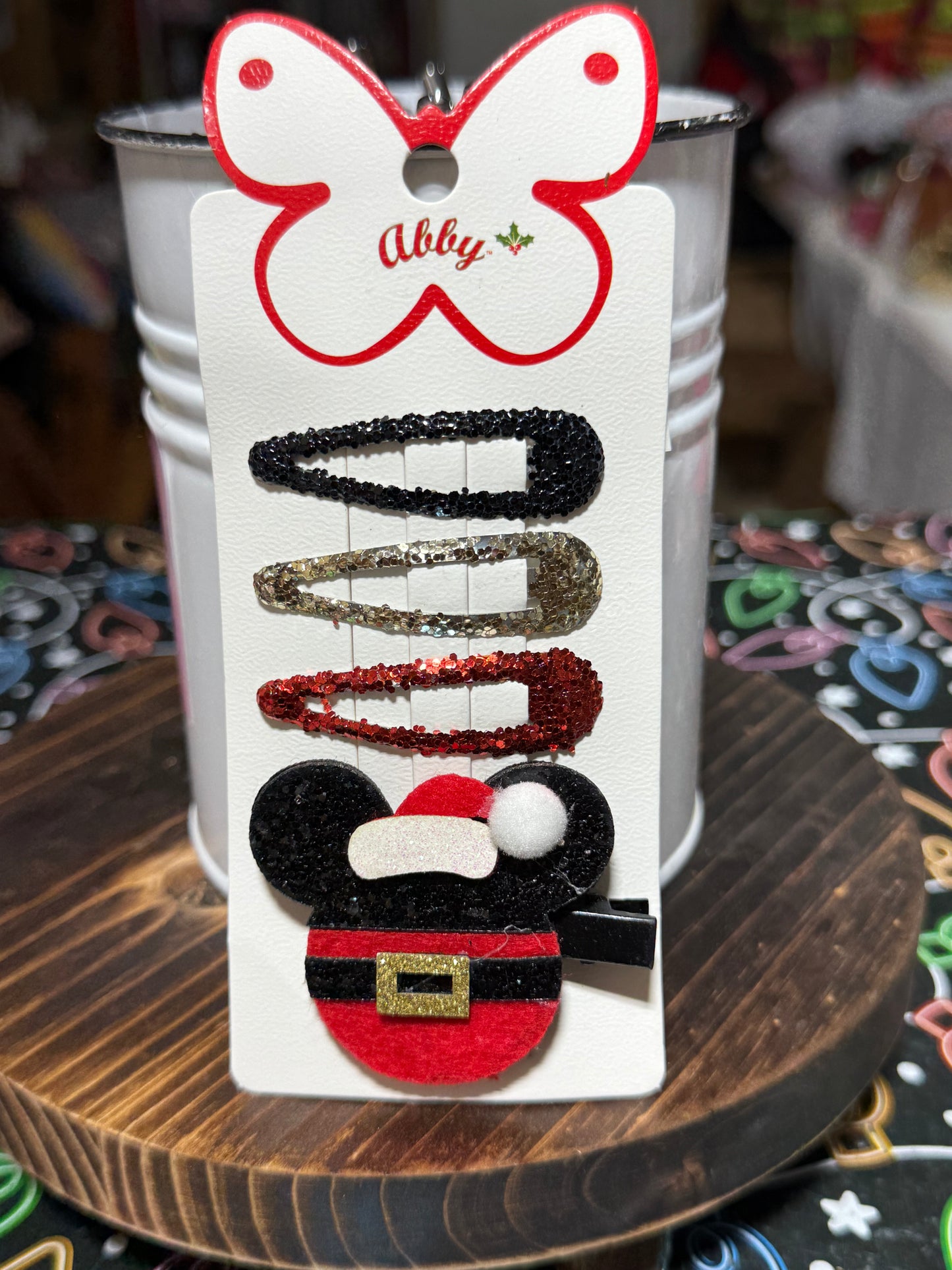 Glitter Barrette With Christmas Mickey Mouse Clip set of 4 Great Stocking Stuffer