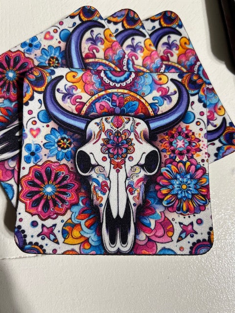 Bohemian Pink Western Bullhead Neoprene 4 Inch Square Coasters - Set of 4