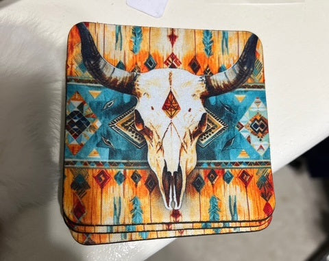 Bohemian Western Bullhead Neoprene 4 Inch Square Coasters - Set of 4