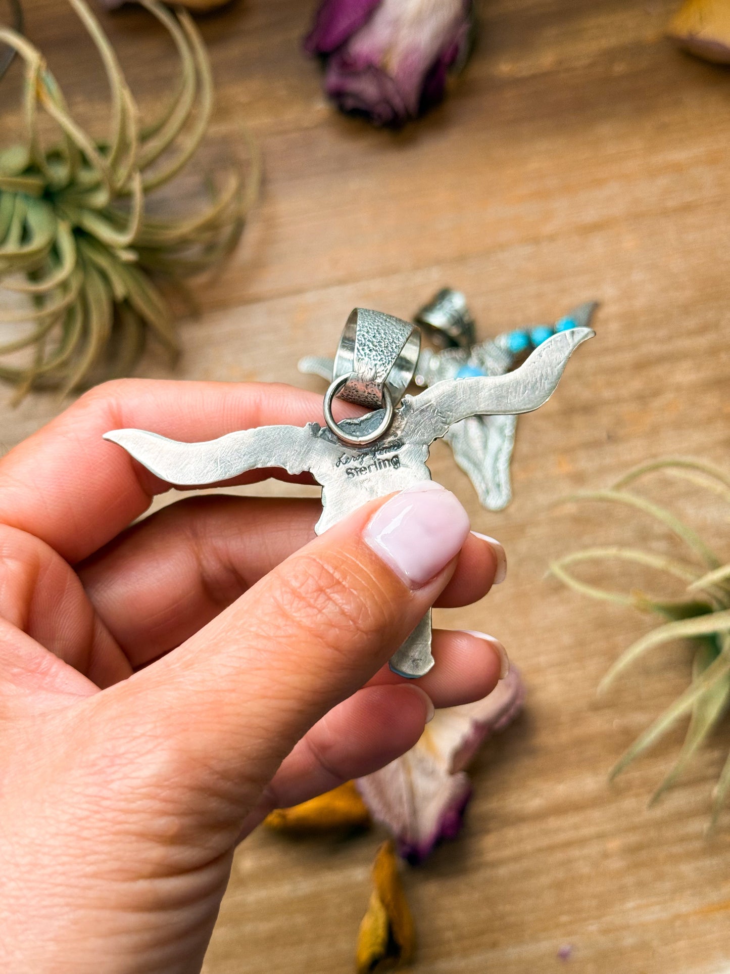 Sterling Silver Longhorn Pendant with Golden Hill Turquoise – Native Made by Leroy James (Navajo Artist)