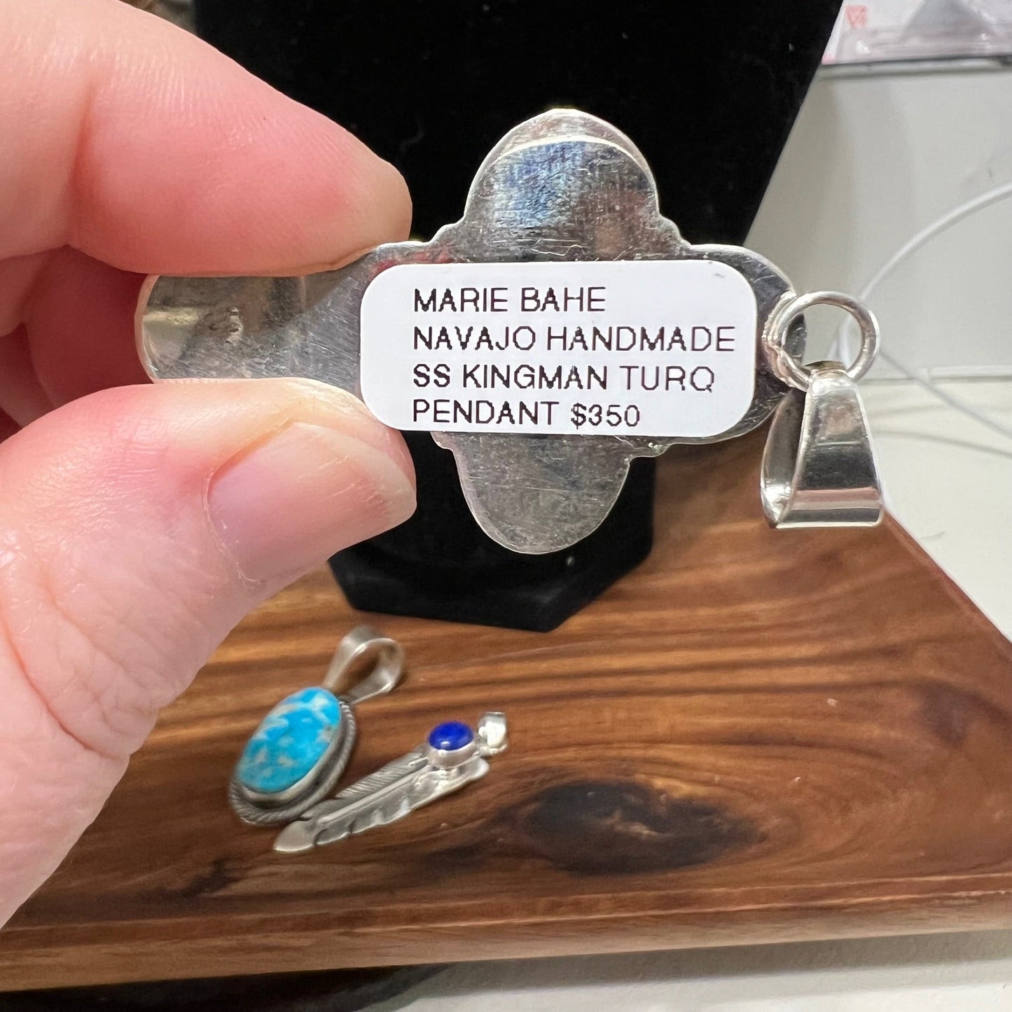 Navajo Handmade Kingman Genuine Turquoise Sterling Silver Pendant - Artist Marie Bahe