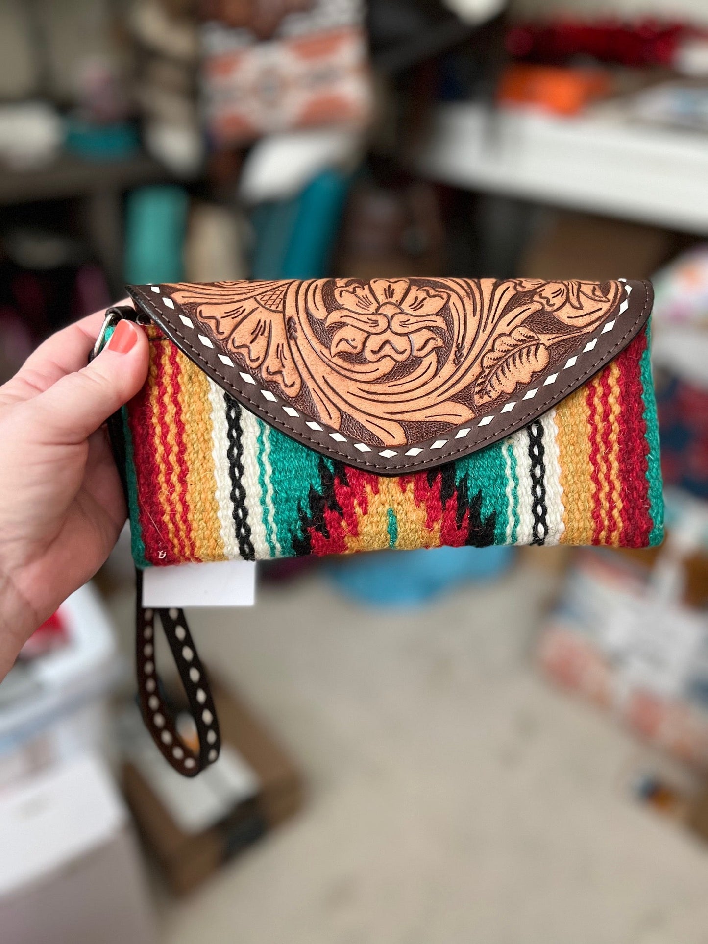 Santa Fe Genuine Leather Tooled Flap Wristlet / Wallet Handbag