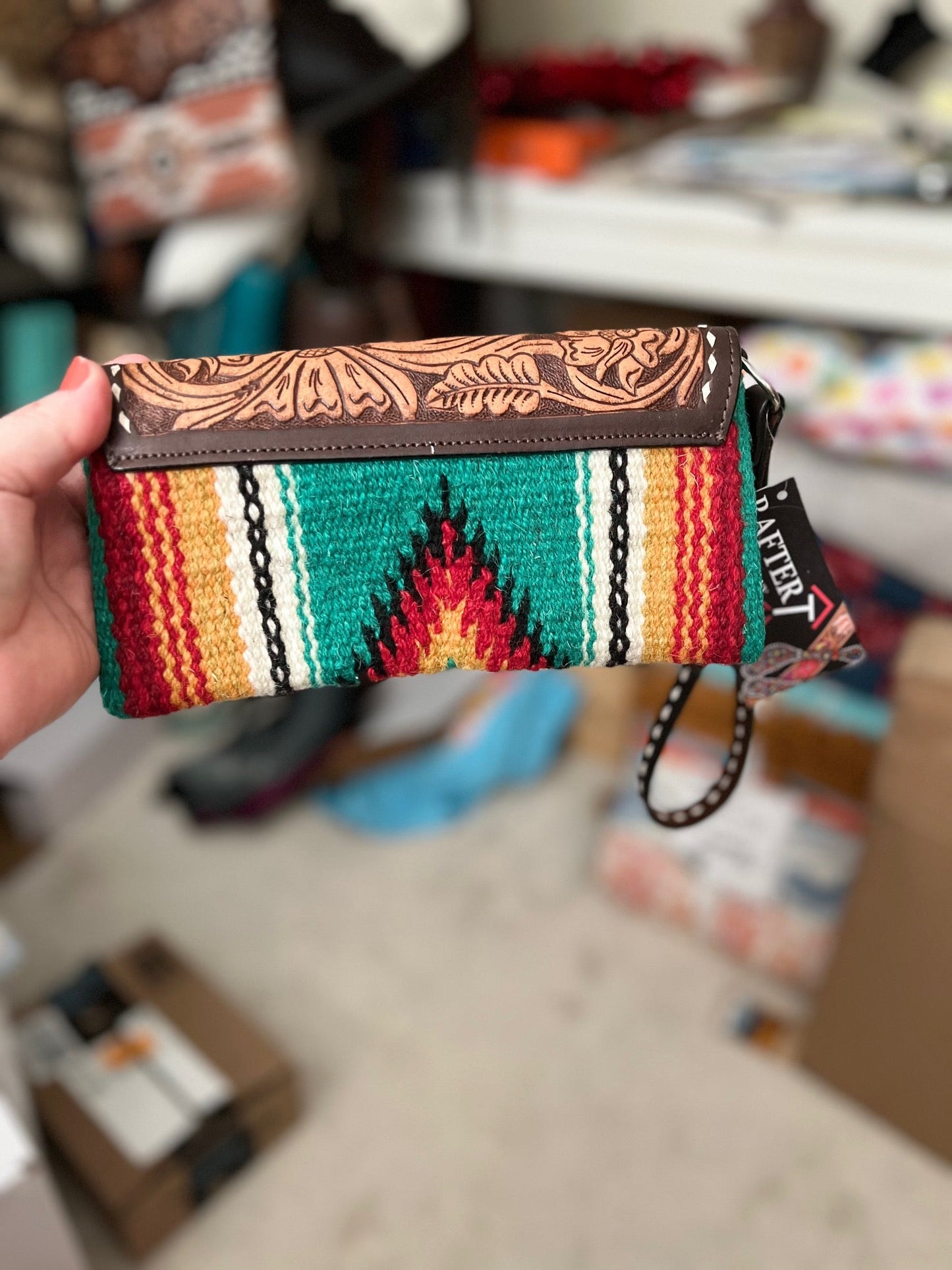 Santa Fe Genuine Leather Tooled Flap Wristlet / Wallet Handbag
