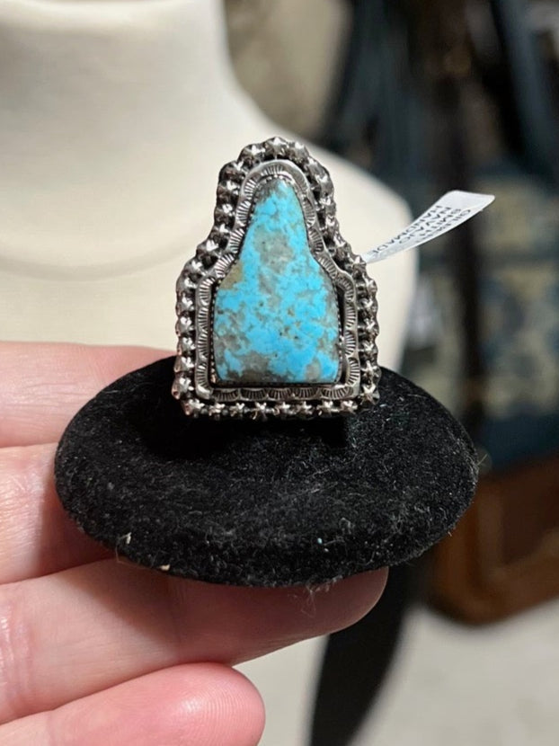 Artist - Gilbert Smith Navajo Handmade Sterling Silver Kingman Turquoise Cow Tag Ring - Adj