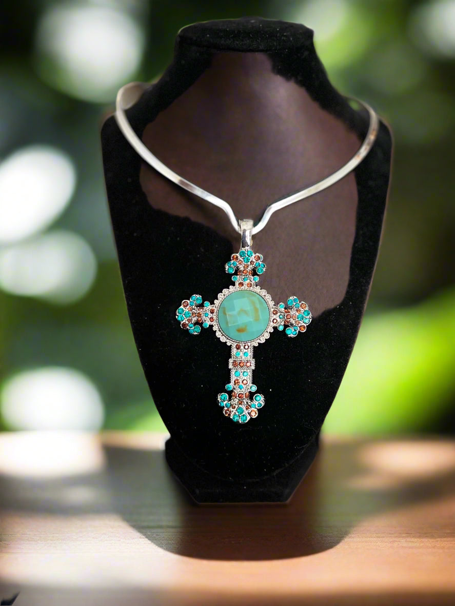 Fashion Inspired Citrine and Aquamarine Glitz Cross Pendant