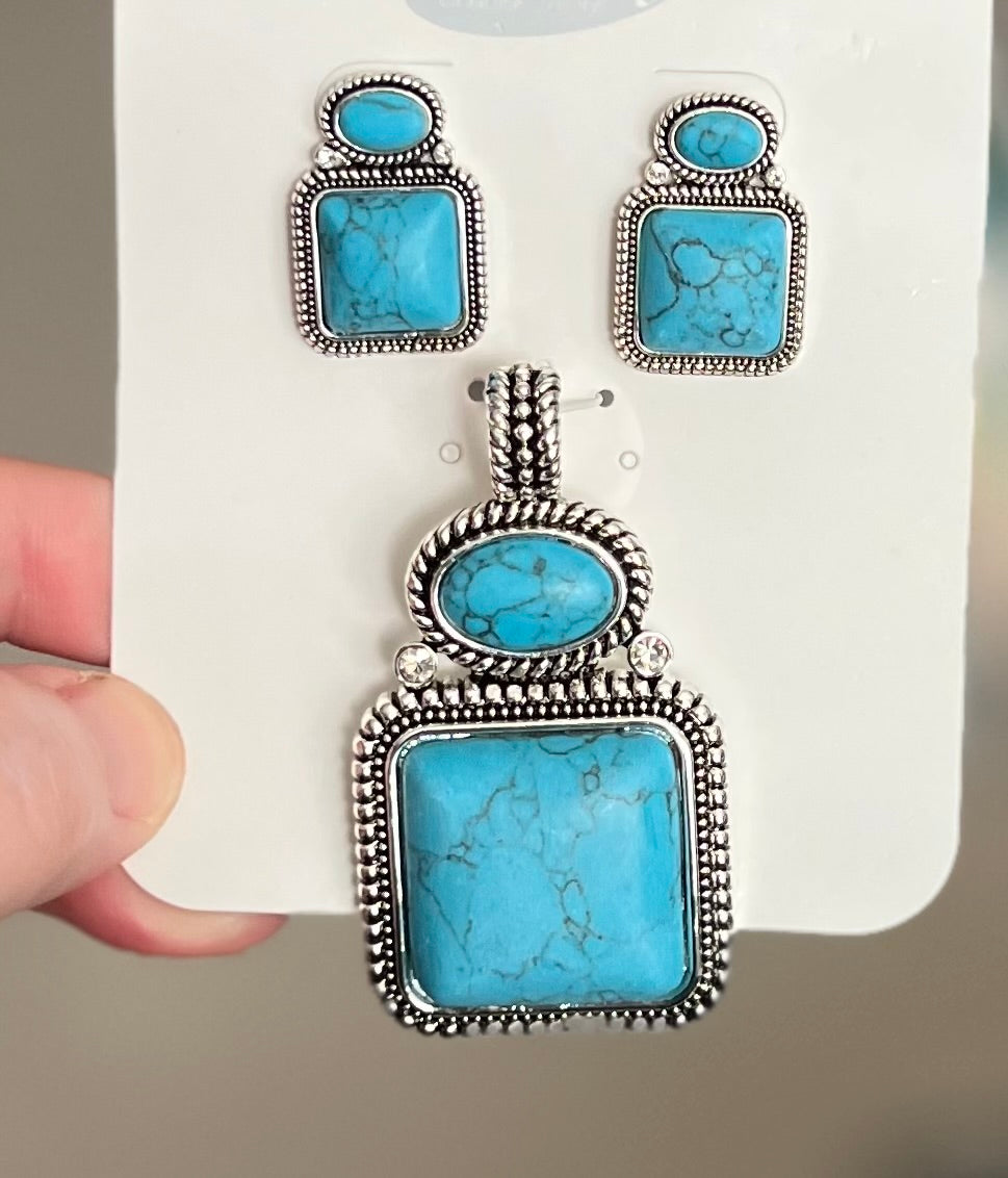 Cobisian Fashion Turquoise and Silver Pendant and Earrings