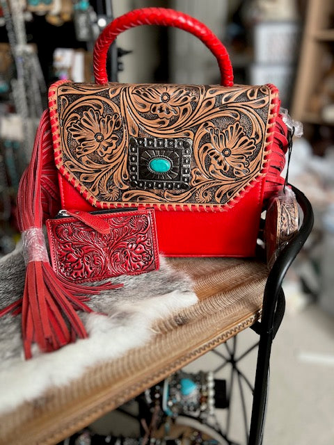 Tooled Leather Crossbody with Tooled Coin Wallet - Mulit