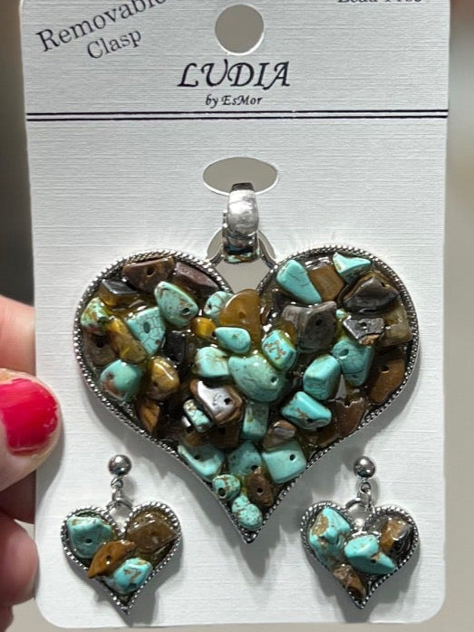 Crushed Stone Heart Pendant and Earring Set