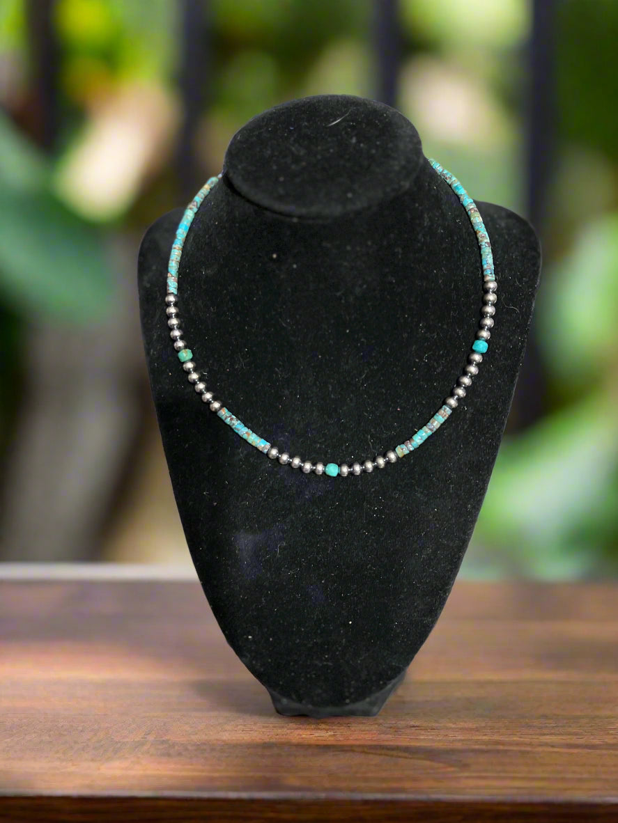 5 mm Sterling Silver Pearls choker with real turquoise - 14 inch