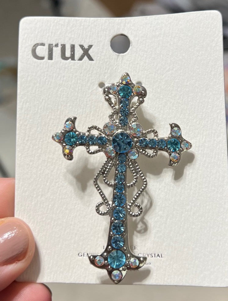 Aquamarine and Silver Cross Pendant - 3 inch