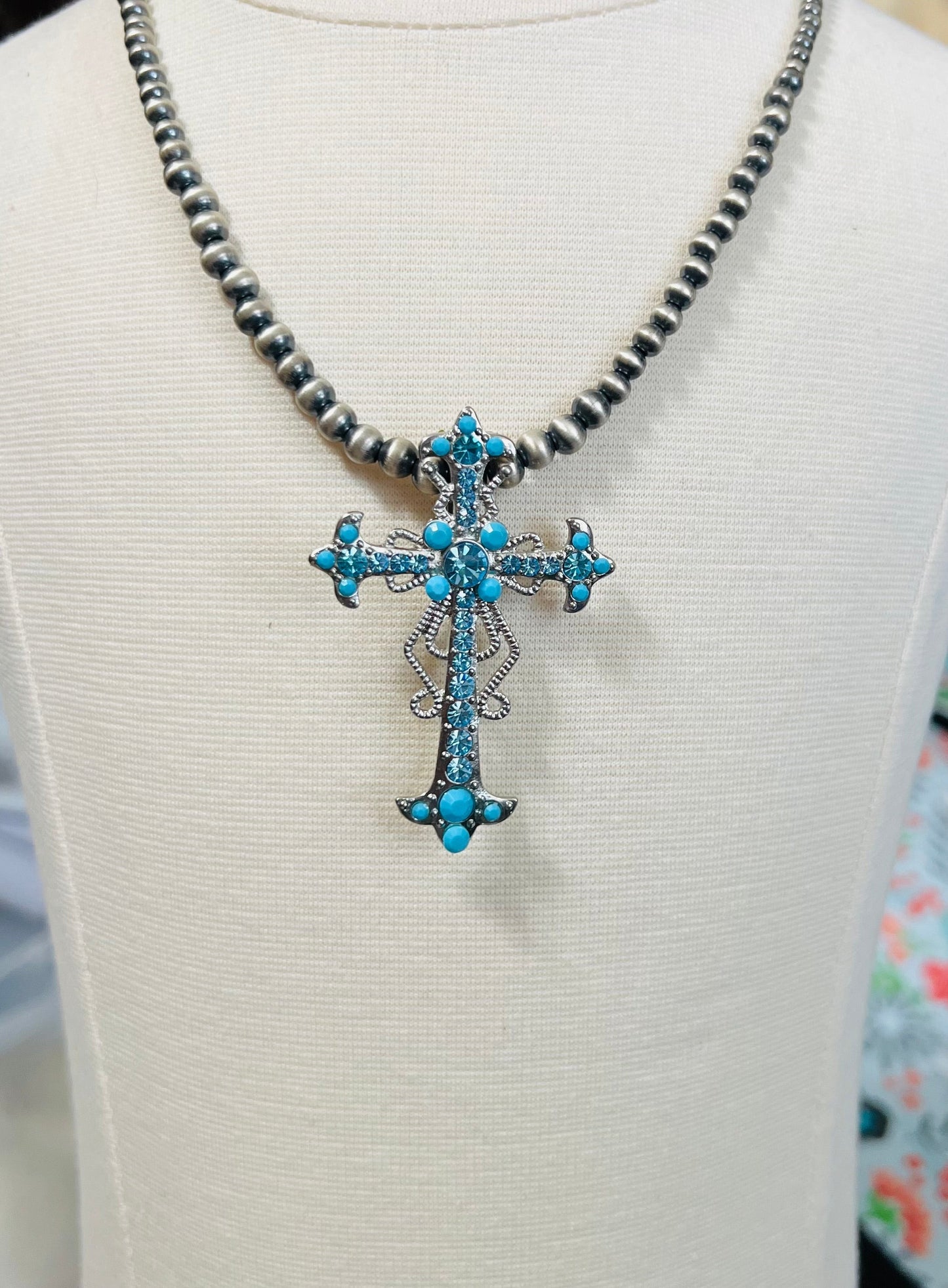 Turquoise and Crystal Fashion Cross Pendant - 3 inch
