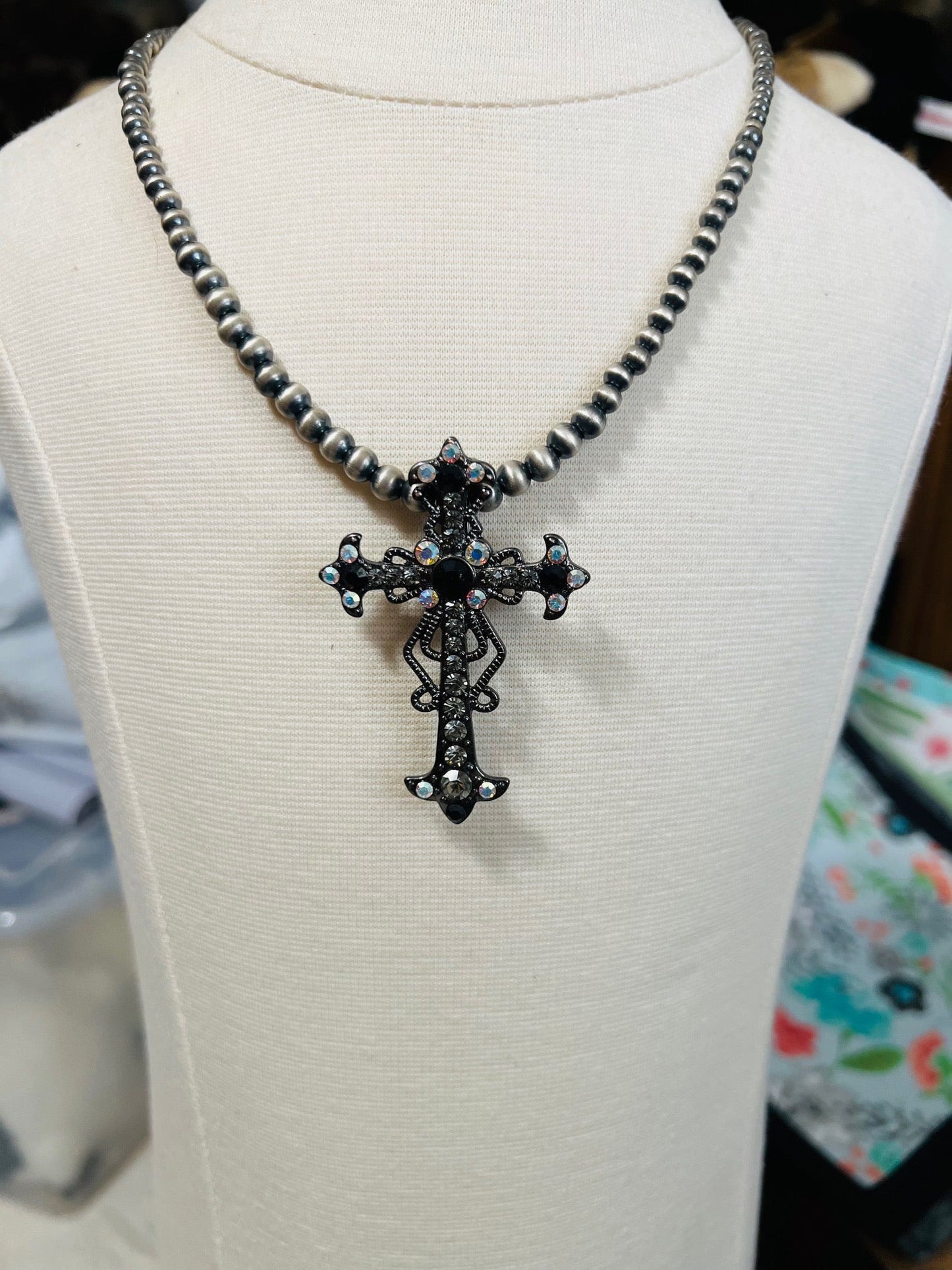 Black Crystal Fashion Cross Pendant - 3 inch