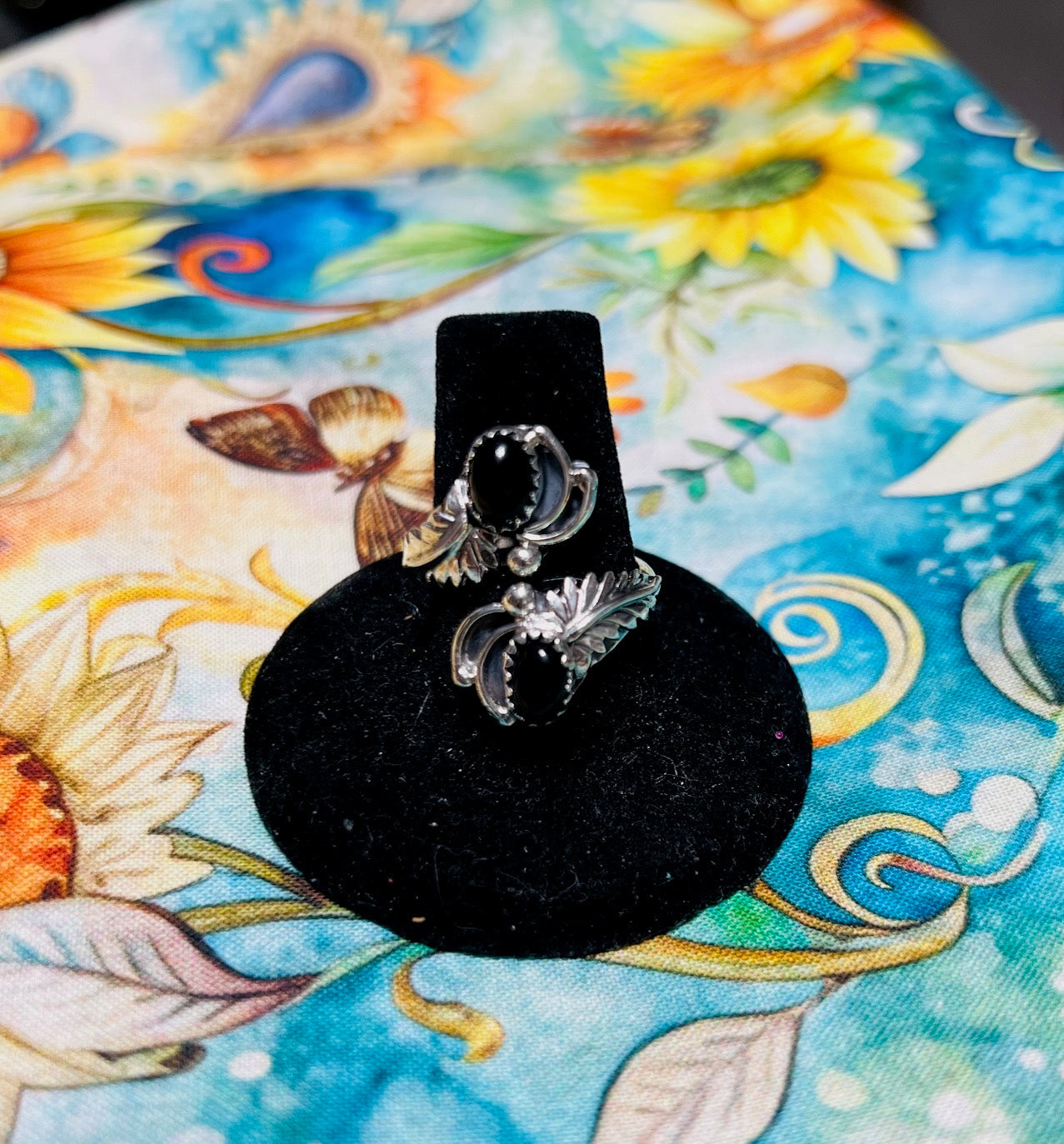 Artist: Etta Belin Navajo Handmade Silver Leaf Black Onyx Self Adjustable Ring