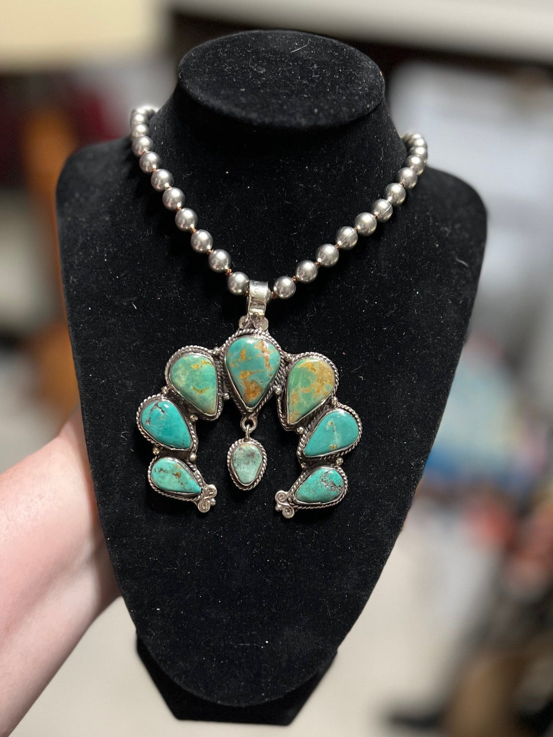 Tibetan Navajo Royston Turquoise Squash Blossom Pendant-RESTOCK