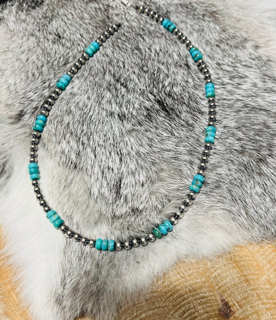 18 Inch 5 mm Sterling Silver Pearls necklace with turquoise rondelle - Blue