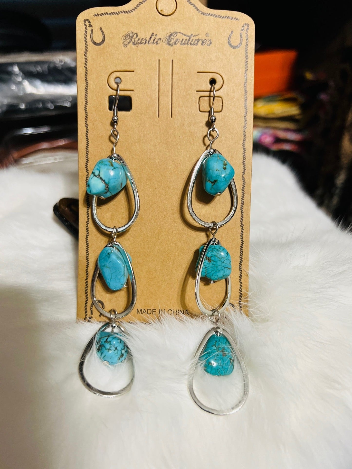 Rustic Couture Three Natural Stone Long Dangle Earrings