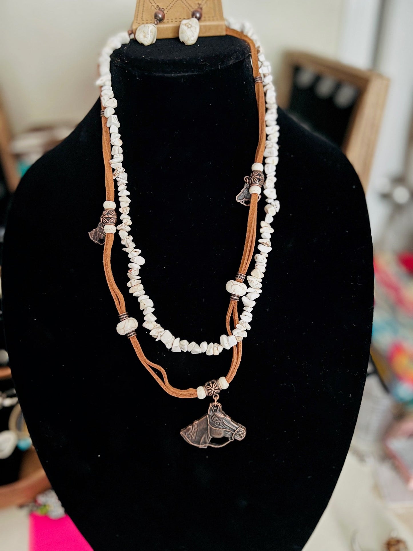 Chunky Turquoise and Horsehead Leather Strap Necklace Set