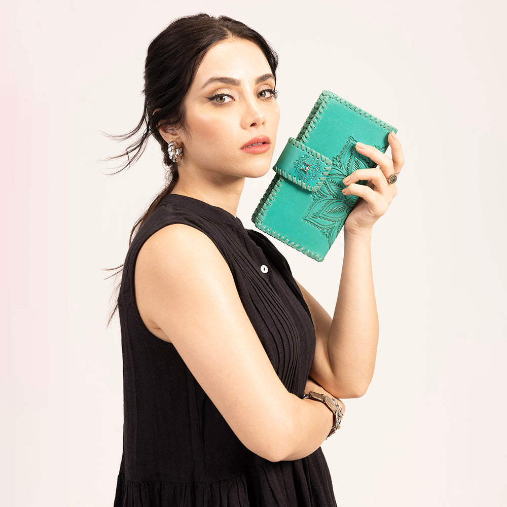 Loyal West Desert Lotus Wallet - Turquoise Handtooled Leather & Calfskin