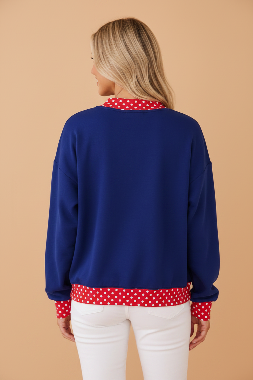 Polka Dot Contrast Trim Mock Neck Sweatshirt