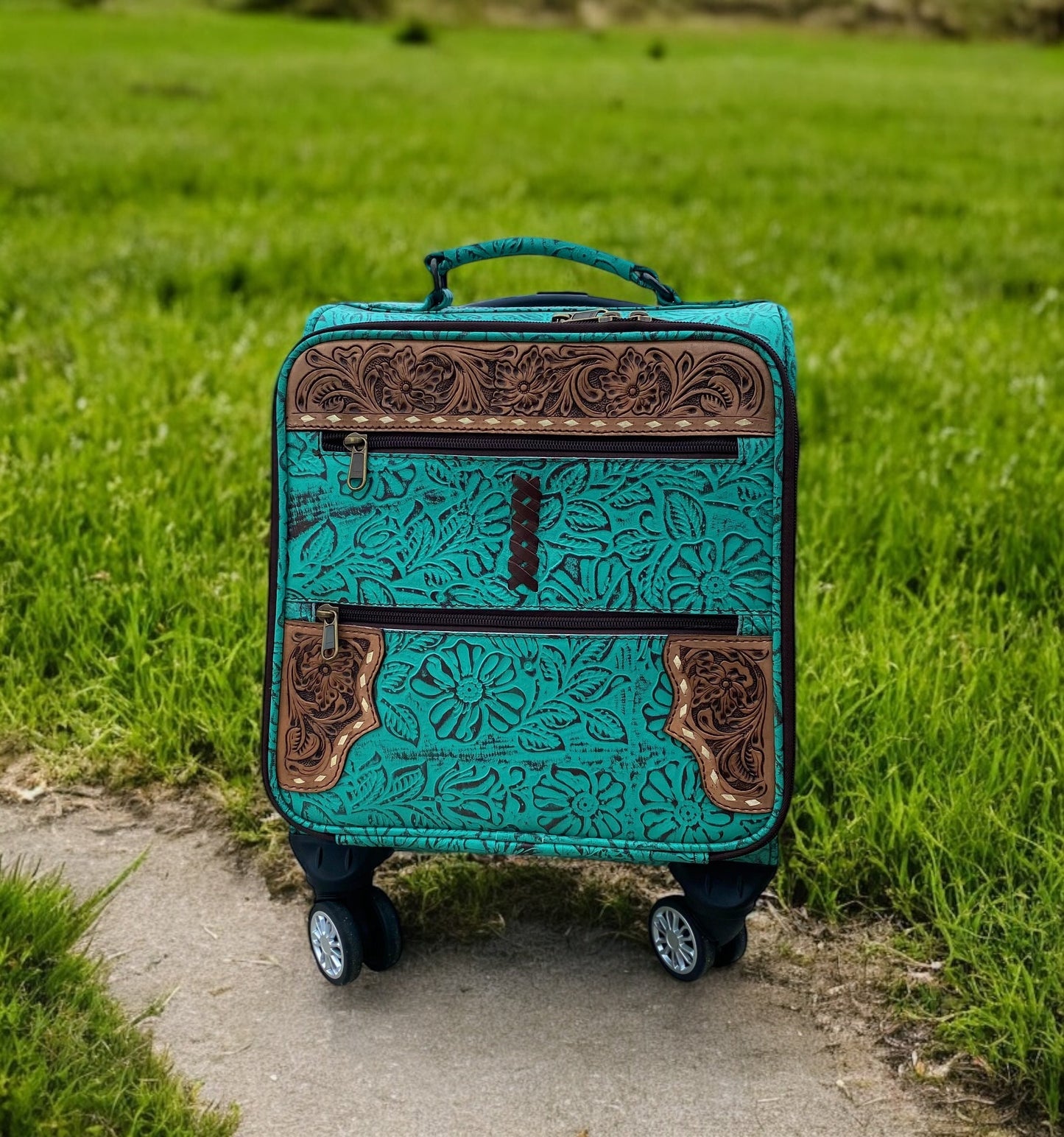 Mini Turquoise Rolling Carry Luggage Tooled Leather