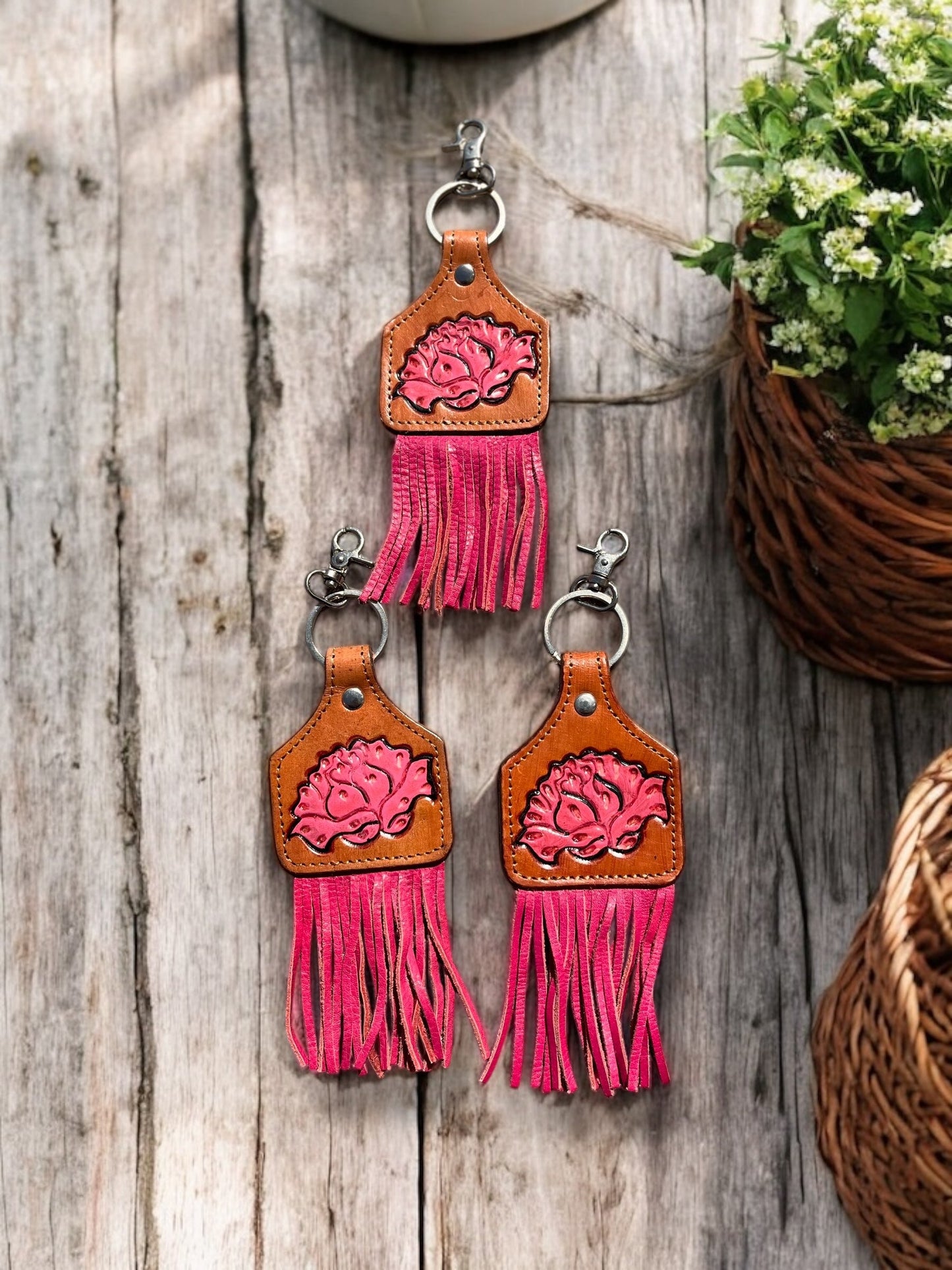 Pink Flower Fringe Tooled Leather Keychains
