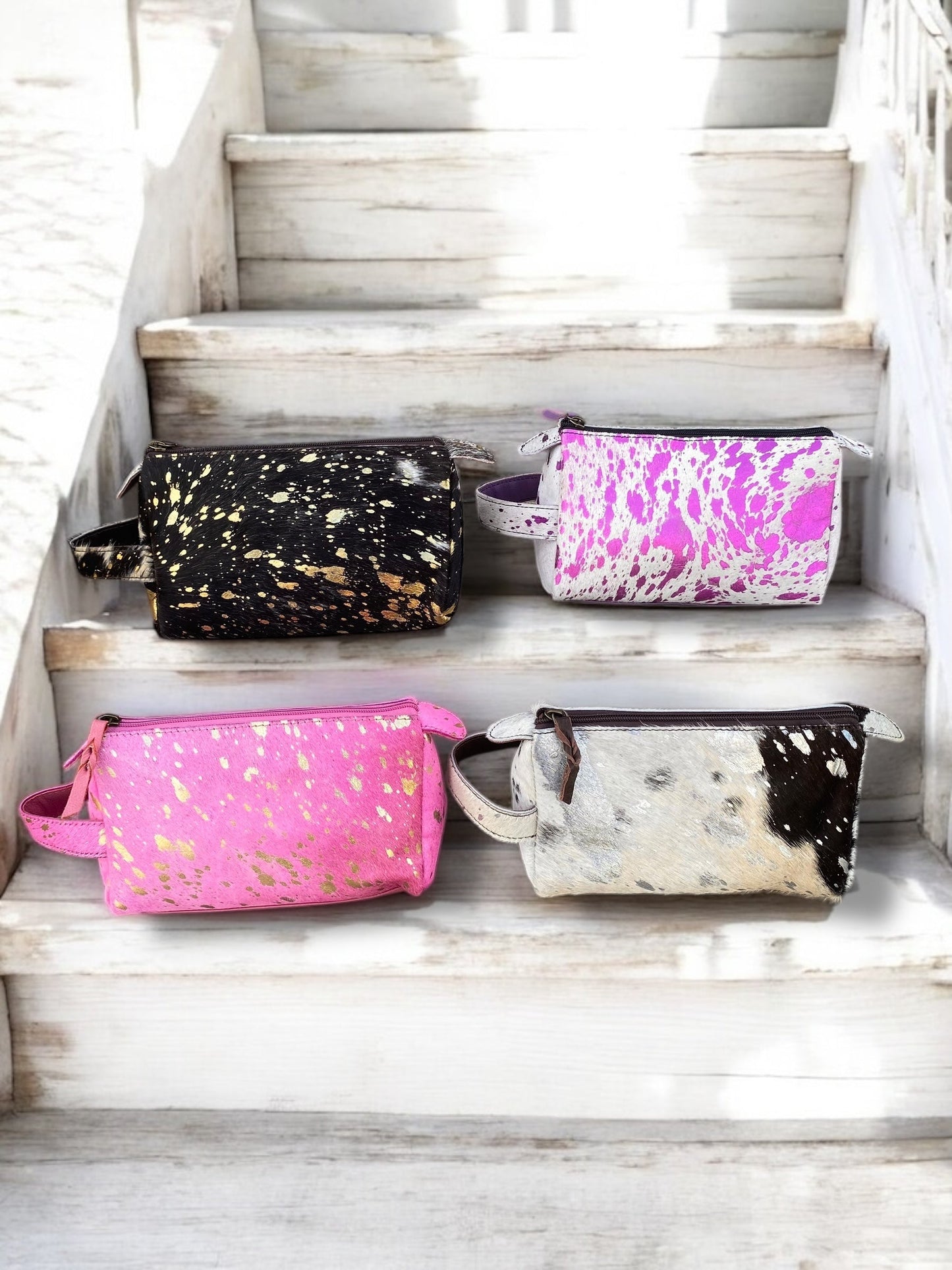 Cowhide Acid Wash Silver Toiletry Bag